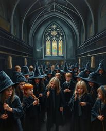 Explore a magical academy teeming with young wizards, brought to life in an intense jet-black oil painting style. The rich te