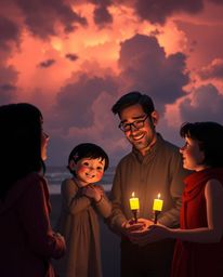 This fine art photograph captures a heartfelt family reunion rendered in a captivating Pixar style. The scene is bathed in ri