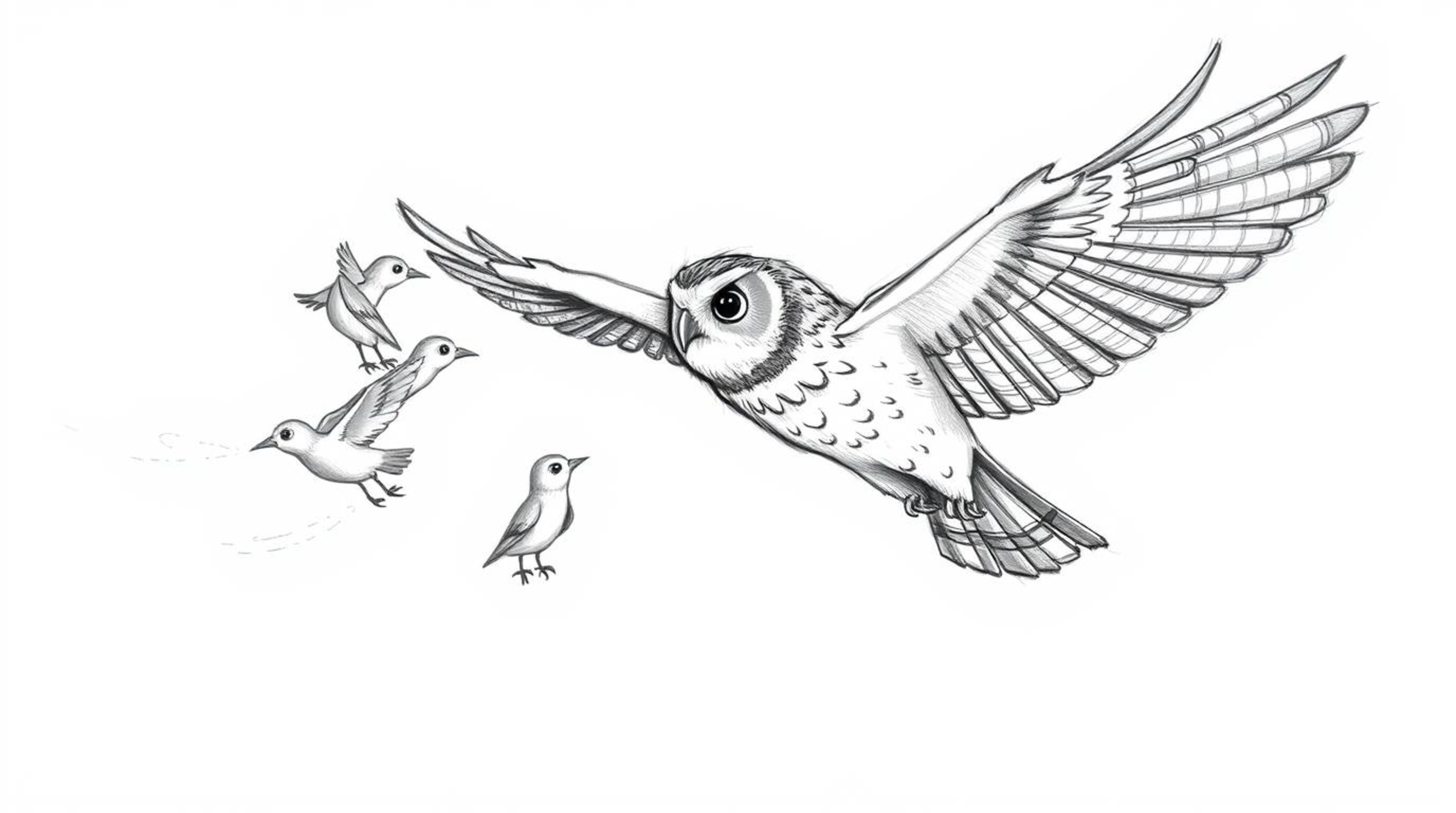 A charming Pixar-inspired sketch portrays a blind owl gracefully mid-flight, leading a group of birds in a flying lesson. The