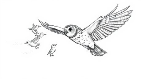 A charming Pixar-inspired sketch portrays a blind owl gracefully mid-flight, leading a group of birds in a flying lesson. The