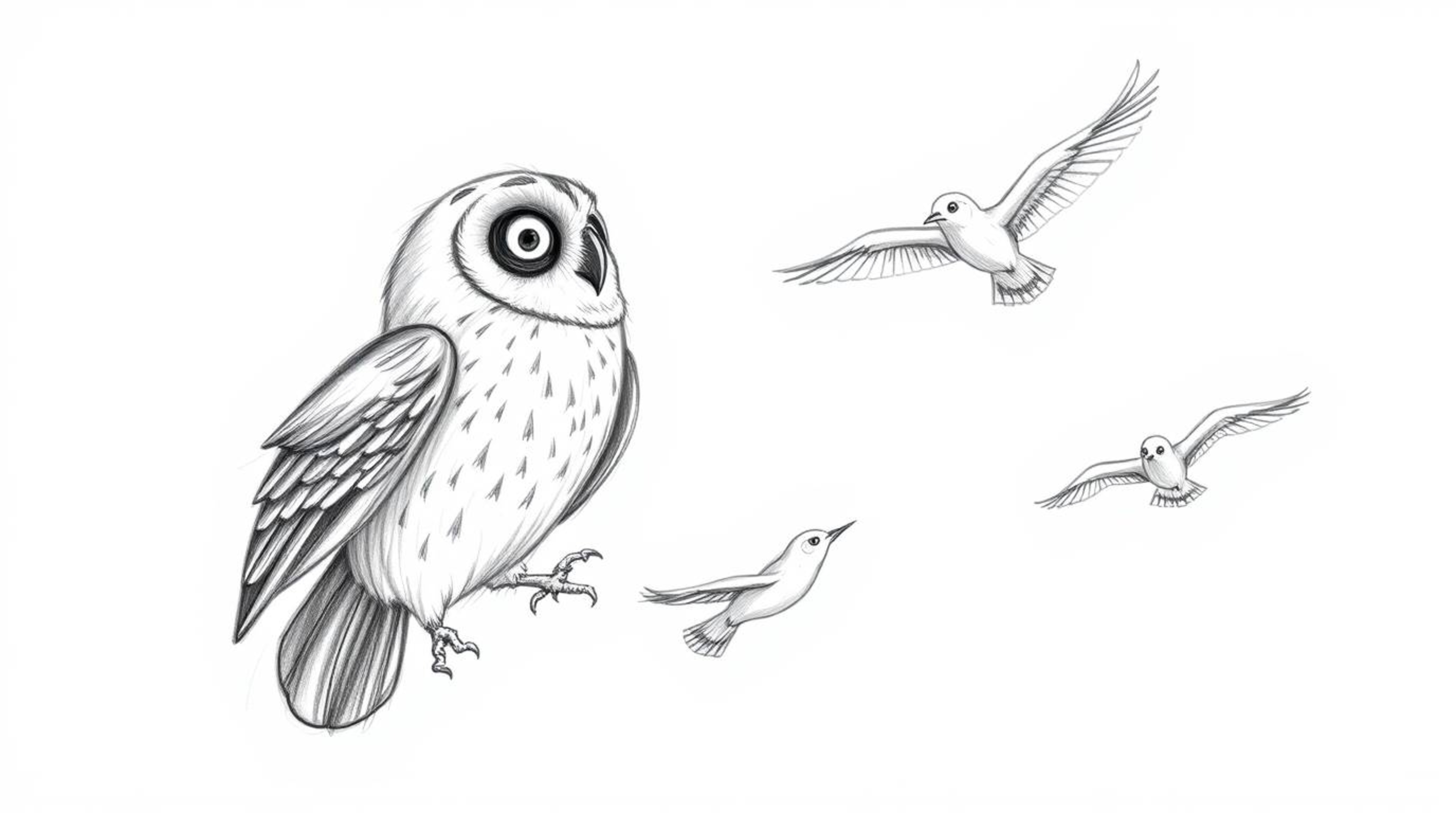 A hand-drawn Pixar style sketch depicts a blind owl guiding several birds in flight. The artwork utilizes textured pencil str