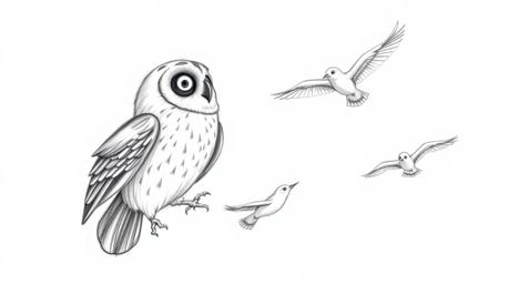 A hand-drawn Pixar style sketch depicts a blind owl guiding several birds in flight. The artwork utilizes textured pencil str