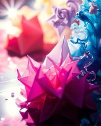 Experience the epic scale of this futuristic scene: intricate origami-style ink in water captured through stunning macro phot