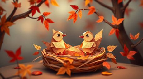 Delightful animation featuring two cartoon birds meticulously constructing a nest using intricate origami techniques. The sc