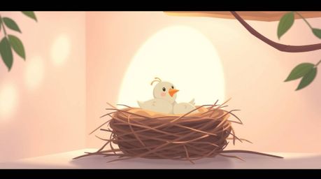 A charming animation depicting two cartoon birds gently building a nest. Rendered in soft pastel colors with a classic anima