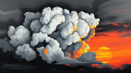 A captivating acrylic painting depicting a dramatic thunderstorm illuminated by the warm hues of a setting sun.  The piece fe