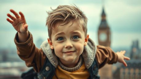 A captivating image featuring a young boy soaring above the London skyline, propelled by shimmering pixie dust. The soft back