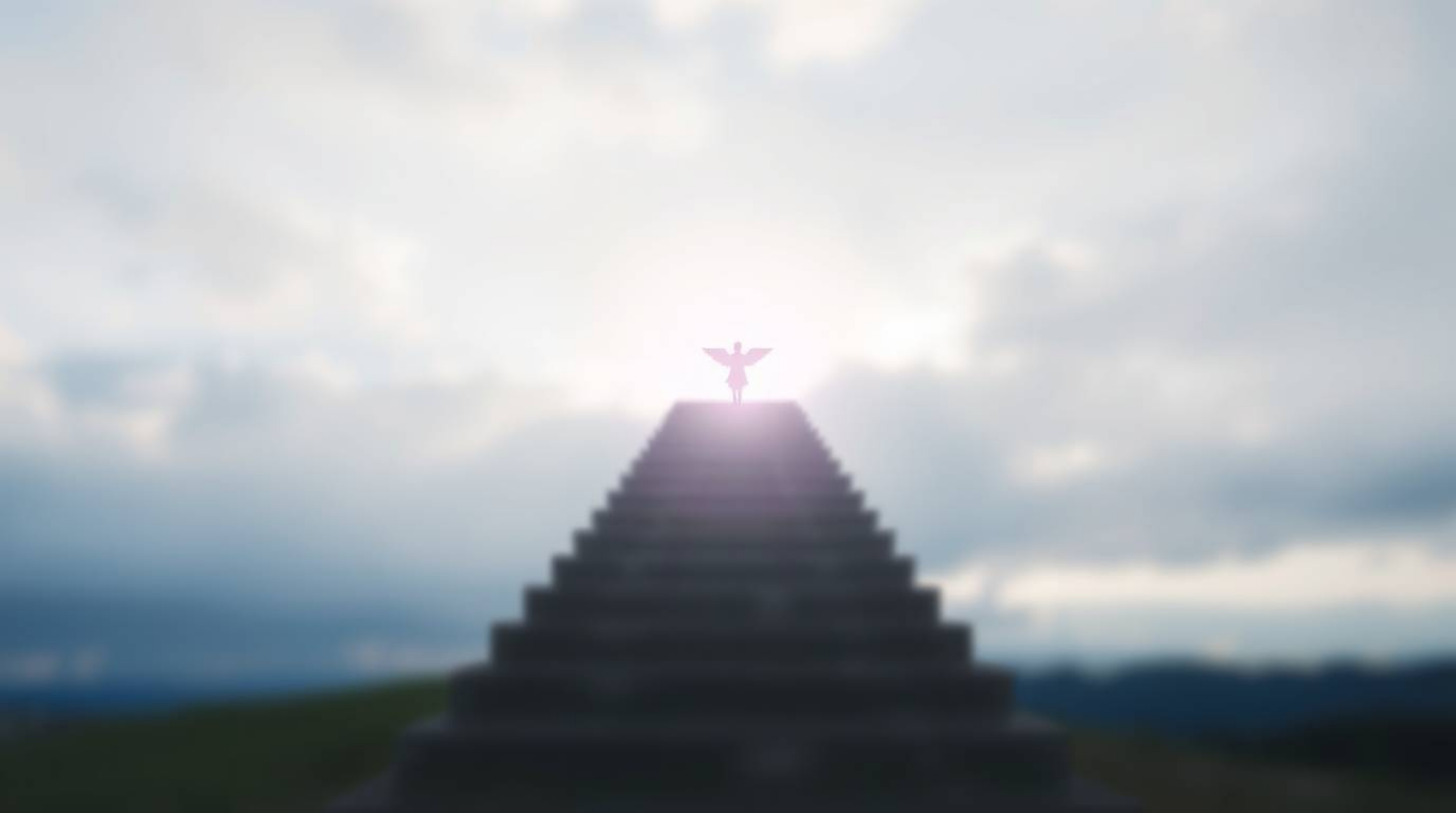 Ethereal steps of light ascend into a cloudy sky, blurring the boundaries between reality and dreams. Angelic figures watch f
