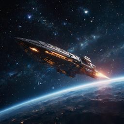 A stunning 3D render showcases a spaceship majestically soaring through a vibrant galaxy filled with countless stars. The ima