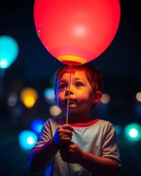A captivating image featuring a child holding a balloon in an epic scene, enhanced with lens glow lighting and vibrant glowin