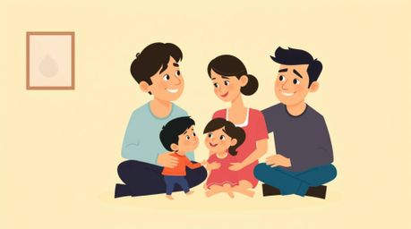 This artwork showcases a heartwarming family reunion depicted in a modern flat design with a distinct split composition, remi