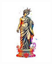 Explore a unique fusion of traditional tattoo art and classical sculpture in this vibrant digital print.  The artwork feature