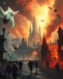 Explore a dreamlike and surreal cityscape consumed by flames, where people are running amidst fantastical elements and bizarr