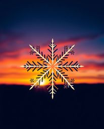 This is a geometric logo design capturing the scene of snowflakes falling during a vibrant sunset. The logo is defined by its
