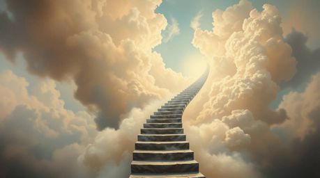A captivating oil painting depicts a winding stairway of smoke and light ascending into a vast, cloudy sky.  Rendered in a cl
