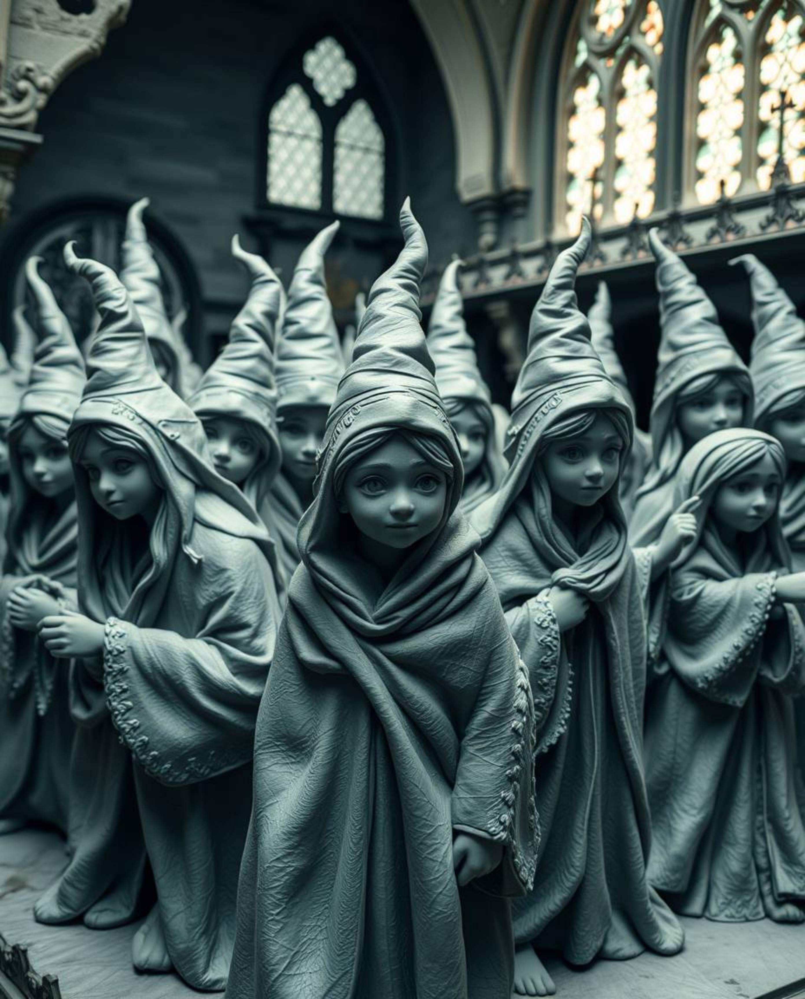 This sculptural clay artwork depicts a magical school brimming with young wizards, presented with graceful and elegant figure