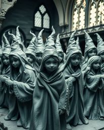 This sculptural clay artwork depicts a magical school brimming with young wizards, presented with graceful and elegant figure