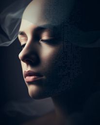 A dreamy and moody digital art piece featuring a human face transforming into a data stream, with soft hazy light and low con