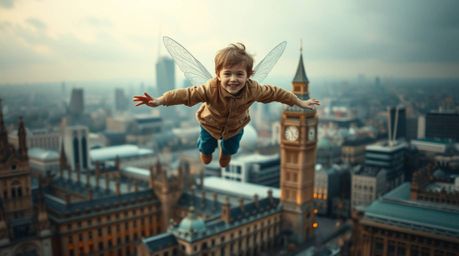 A fine art photograph capturing a young boy soaring above London, empowered by pixie dust, bathed in warm terracotta and cool