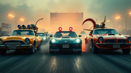 Capture the thrill of a wacky race with this dramatic, cinematic style high-resolution stock photo. Featuring outlandish cars