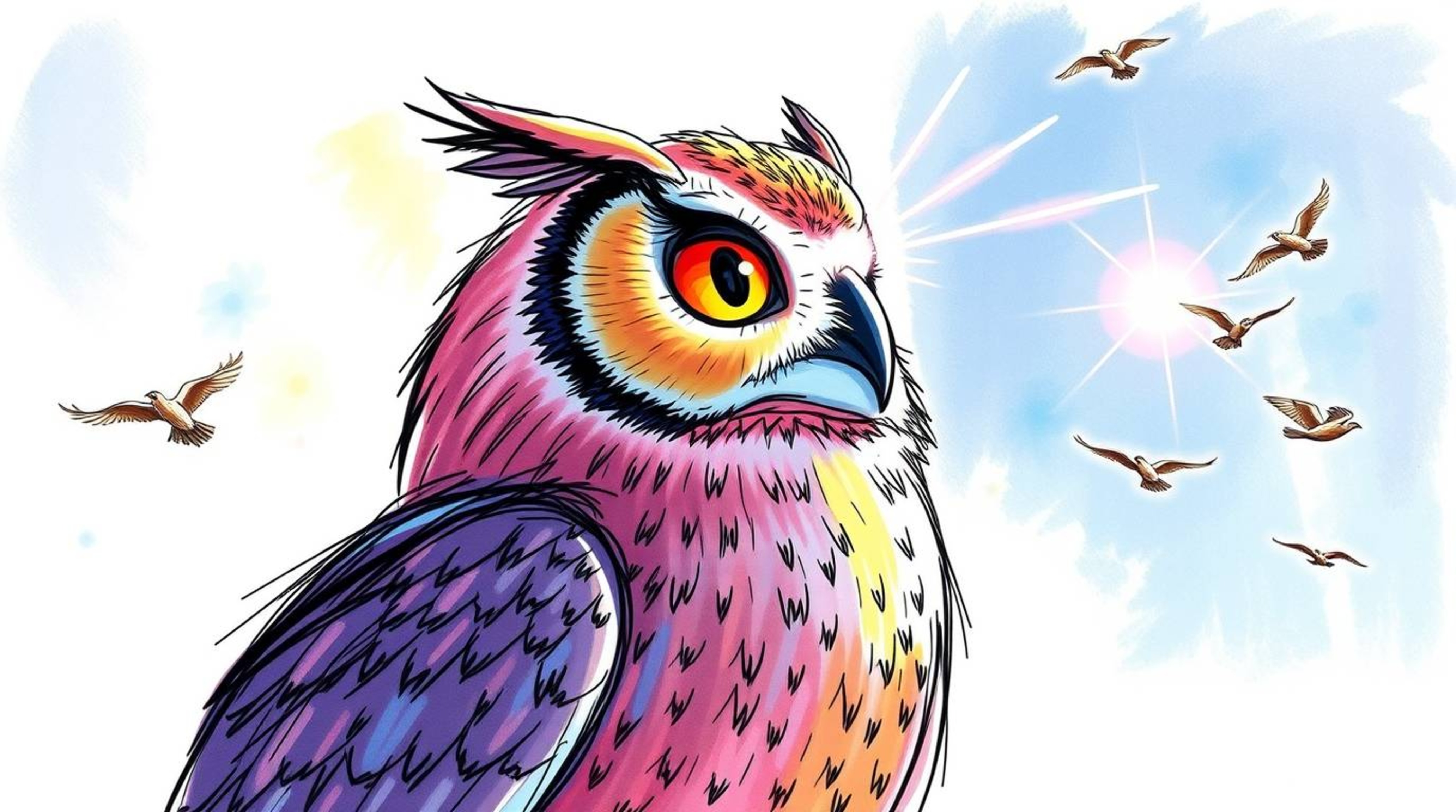 A vibrant, hand-drawn sketchnote-style artwork featuring a Pixar-esque blind owl imparting the skill of flight to a group of 
