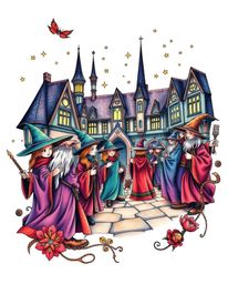 This traditional tattoo art print depicts a magical school teeming with young wizards, brought to life with vibrant colors, s