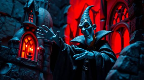 This stunning sculptural clay art piece depicts a classic Disney villain casting a powerful spell within the ancient walls of
