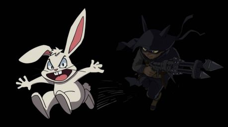 A dynamically composed scene featuring a wacky rabbit with exaggerated expressions desperately outrunning a hunter in an Isek