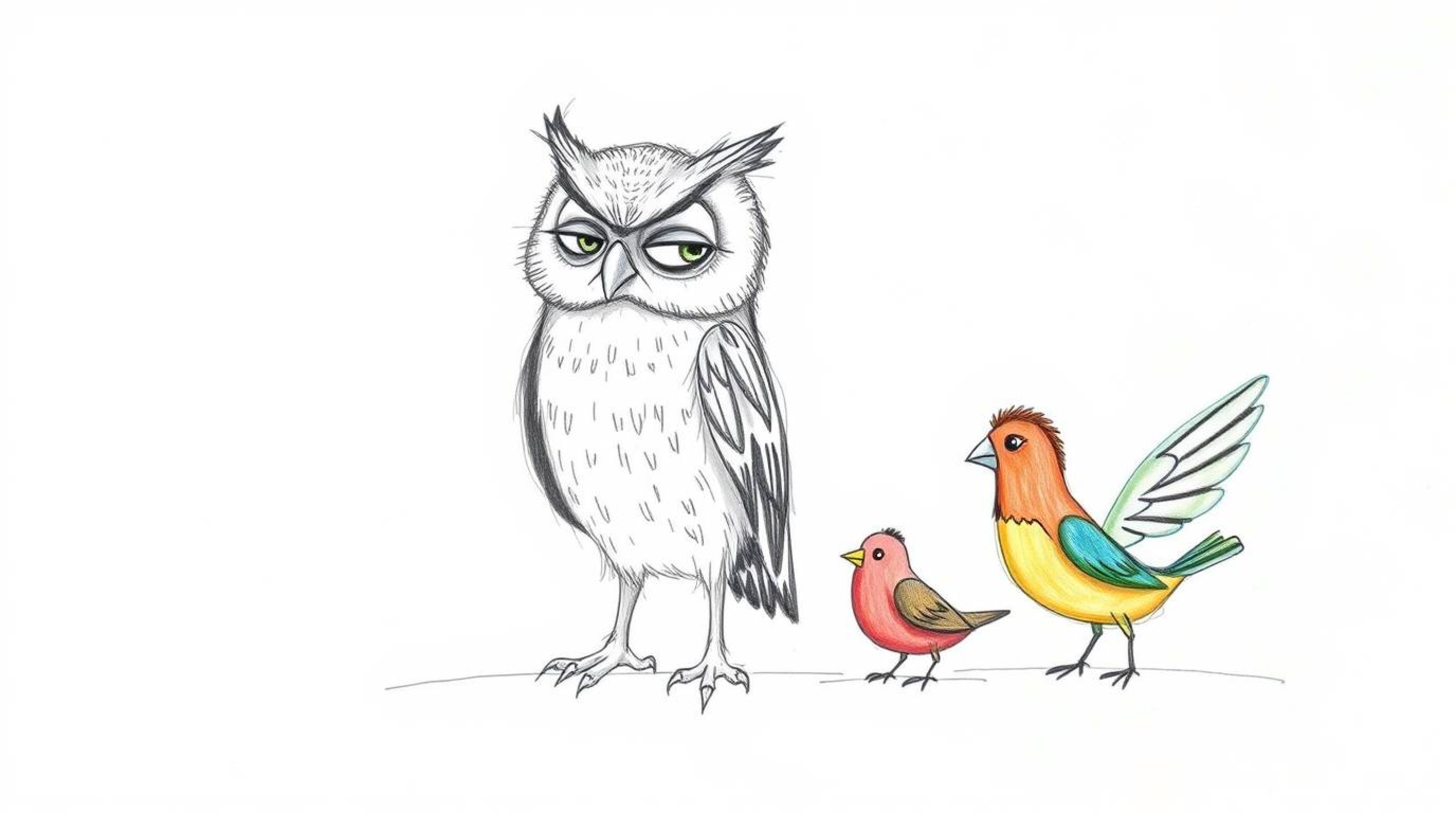 A captivating Pixar-style, hand-drawn sketch features a wise, blind owl with subtly textured feathers guiding colorful birds.
