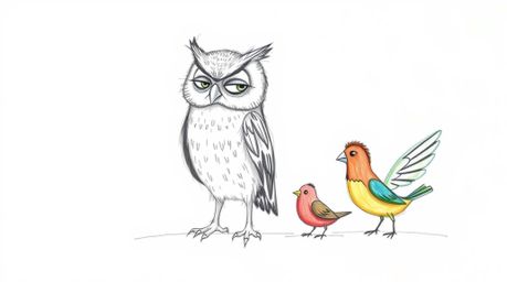 A captivating Pixar-style, hand-drawn sketch features a wise, blind owl with subtly textured feathers guiding colorful birds.