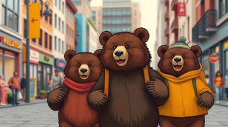 A charming bear family embarks on a fun-filled urban adventure! This vibrant and energetic scene features complementary colo