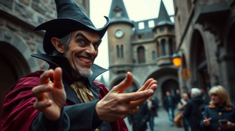 A captivating candid street photograph captures a classic Disney villain with a mischievous grin and olive skin, casting a sp