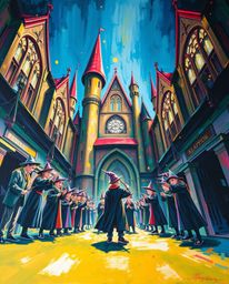 A bold acrylic painting of a magical school teeming with young wizards, captured from a dramatic low angle perspective. Vibra