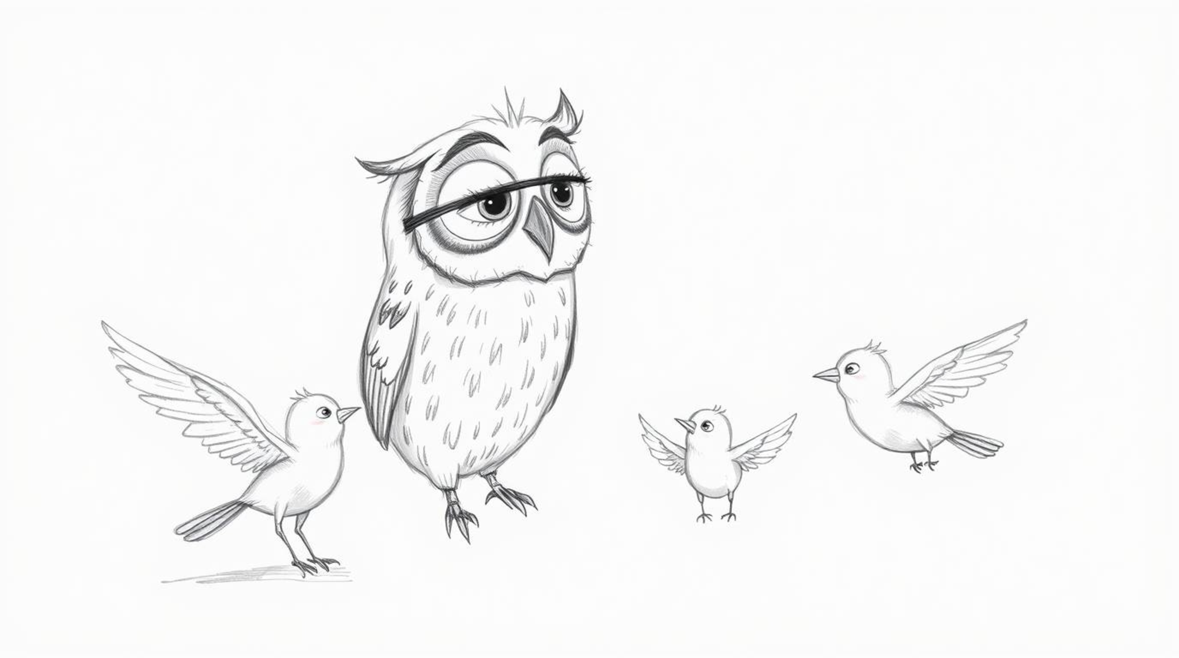 Explore a heartwarming Pixar-style hand-drawn sketch featuring a wise, blind owl with soft, expressive eyes. The owl guides a