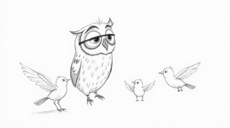 Explore a heartwarming Pixar-style hand-drawn sketch featuring a wise, blind owl with soft, expressive eyes. The owl guides a