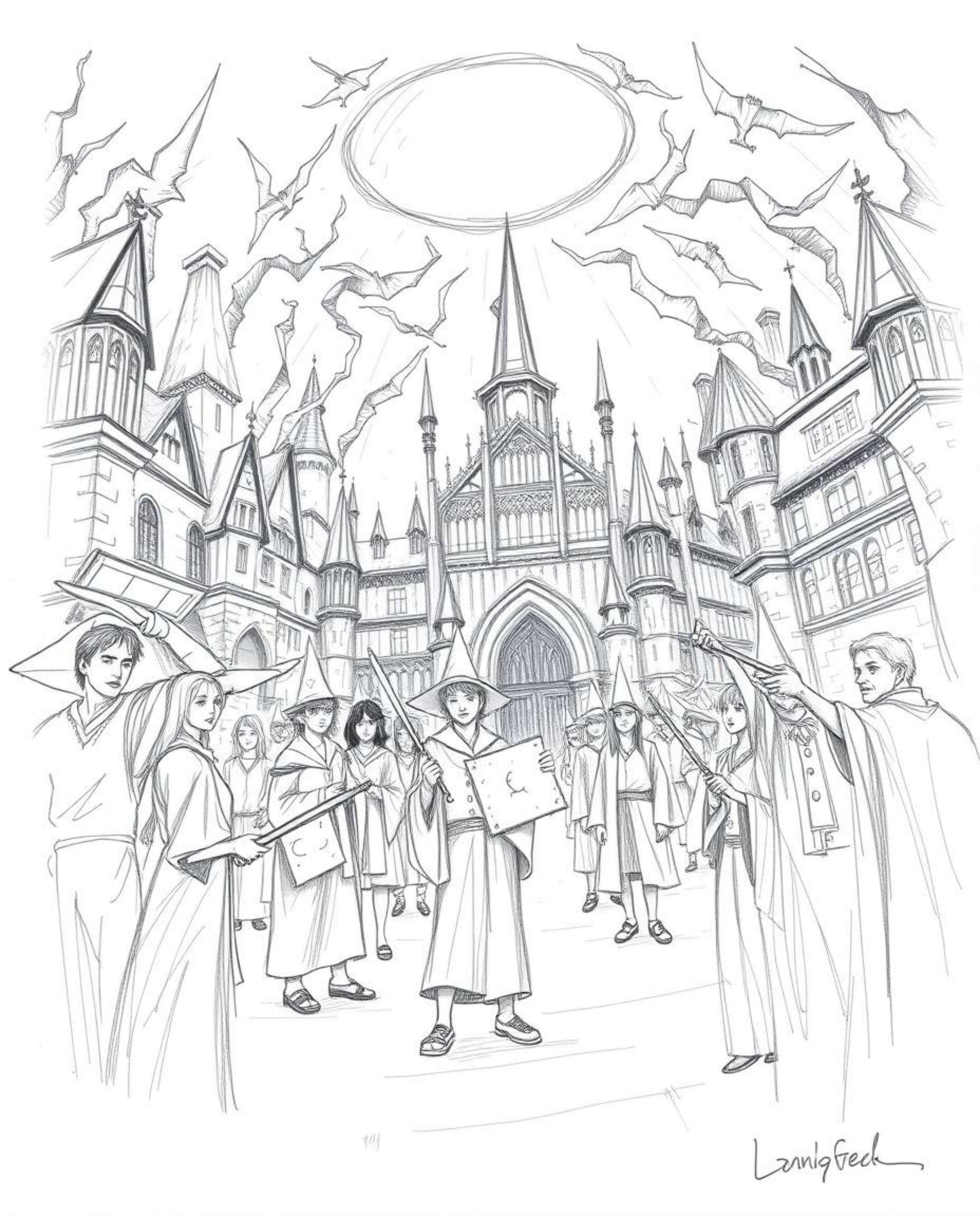 Explore a captivating hand-drawn pencil sketch depicting an epic scene of a magical school teeming with young wizards. The ar