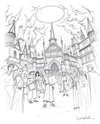 Explore a captivating hand-drawn pencil sketch depicting an epic scene of a magical school teeming with young wizards. The ar