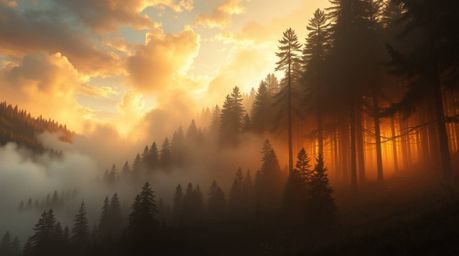 A stunning digital painting captures a grand epic scene where mist rises from a forest bathed in the golden light of the sett