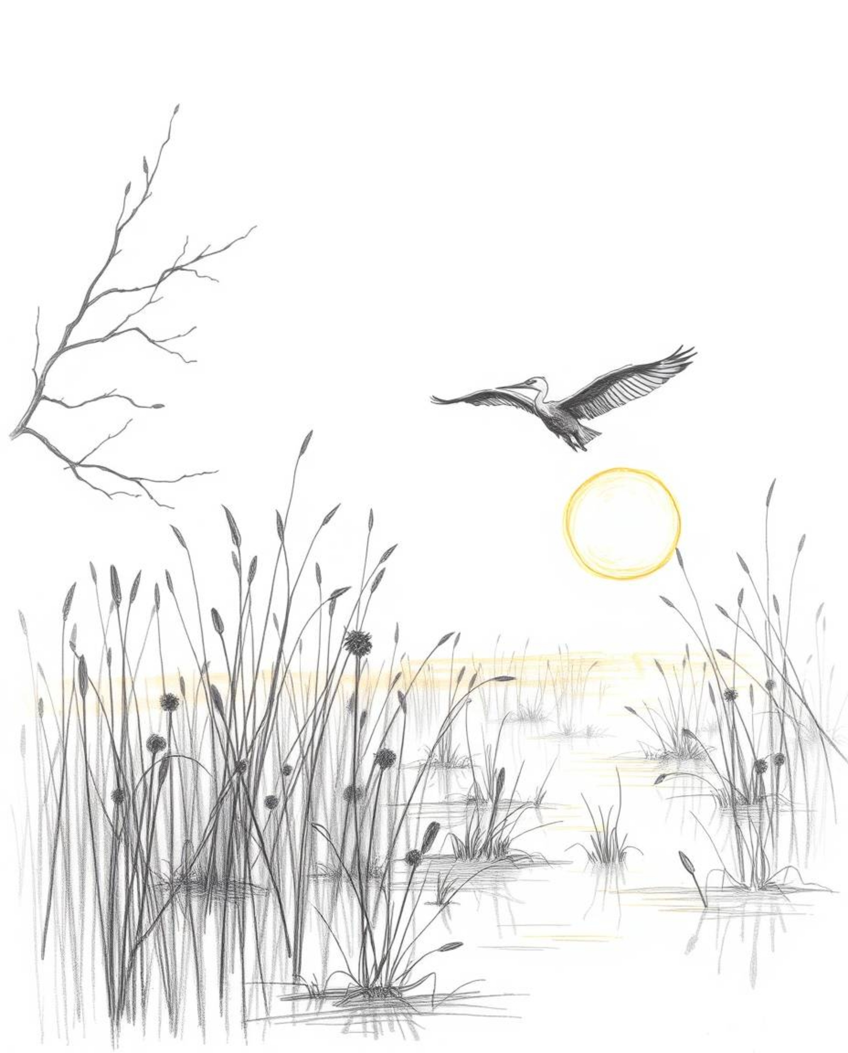 A hand-drawn pencil sketch on a white background, depicting a golden hour wetlands scene with herons in flight. This artwork 