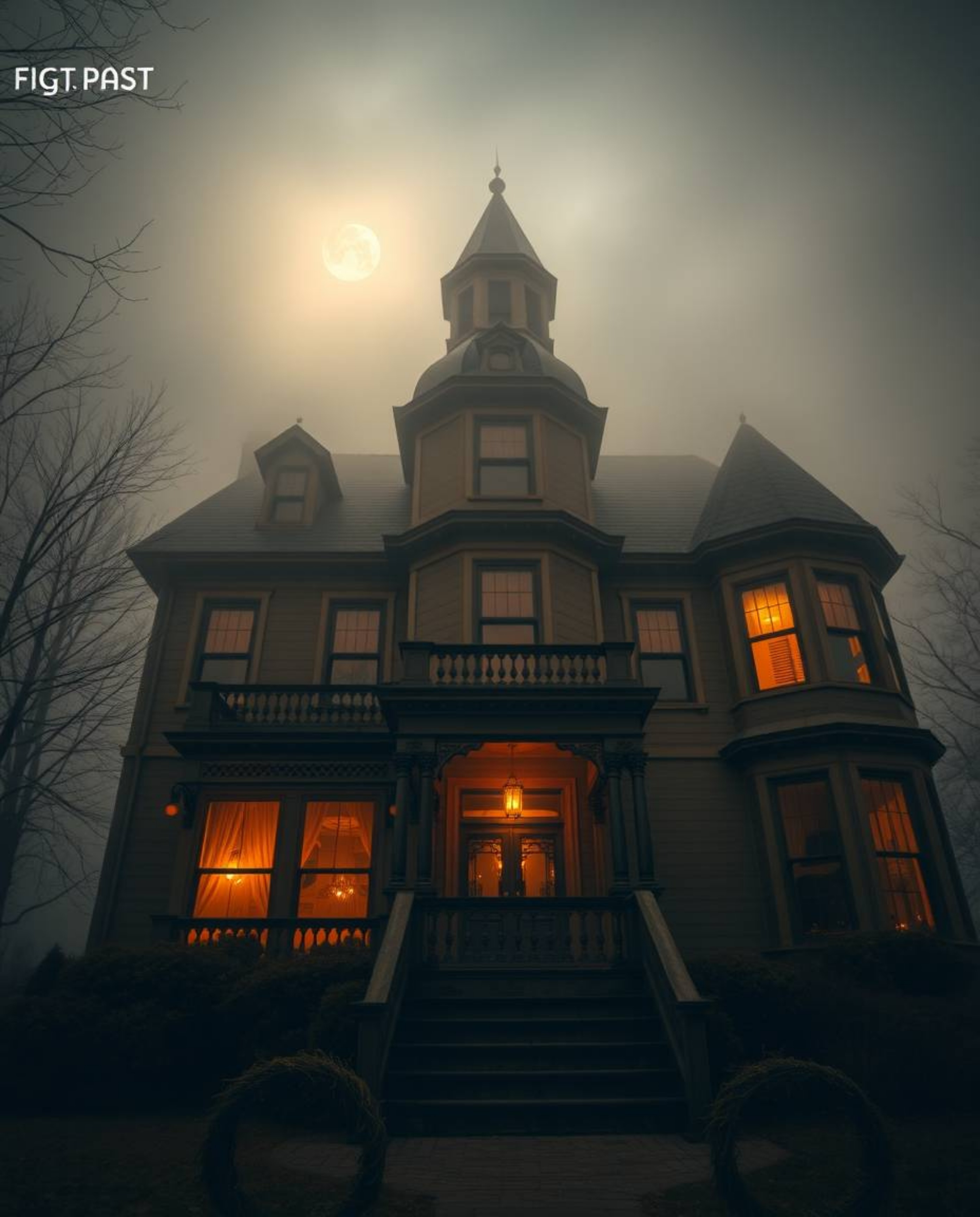 A captivating low-angle shot of a fog-shrouded Victorian mansion bathed in the ethereal glow of moonlight.  Warm candlelight 