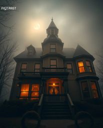 A captivating low-angle shot of a fog-shrouded Victorian mansion bathed in the ethereal glow of moonlight.  Warm candlelight 