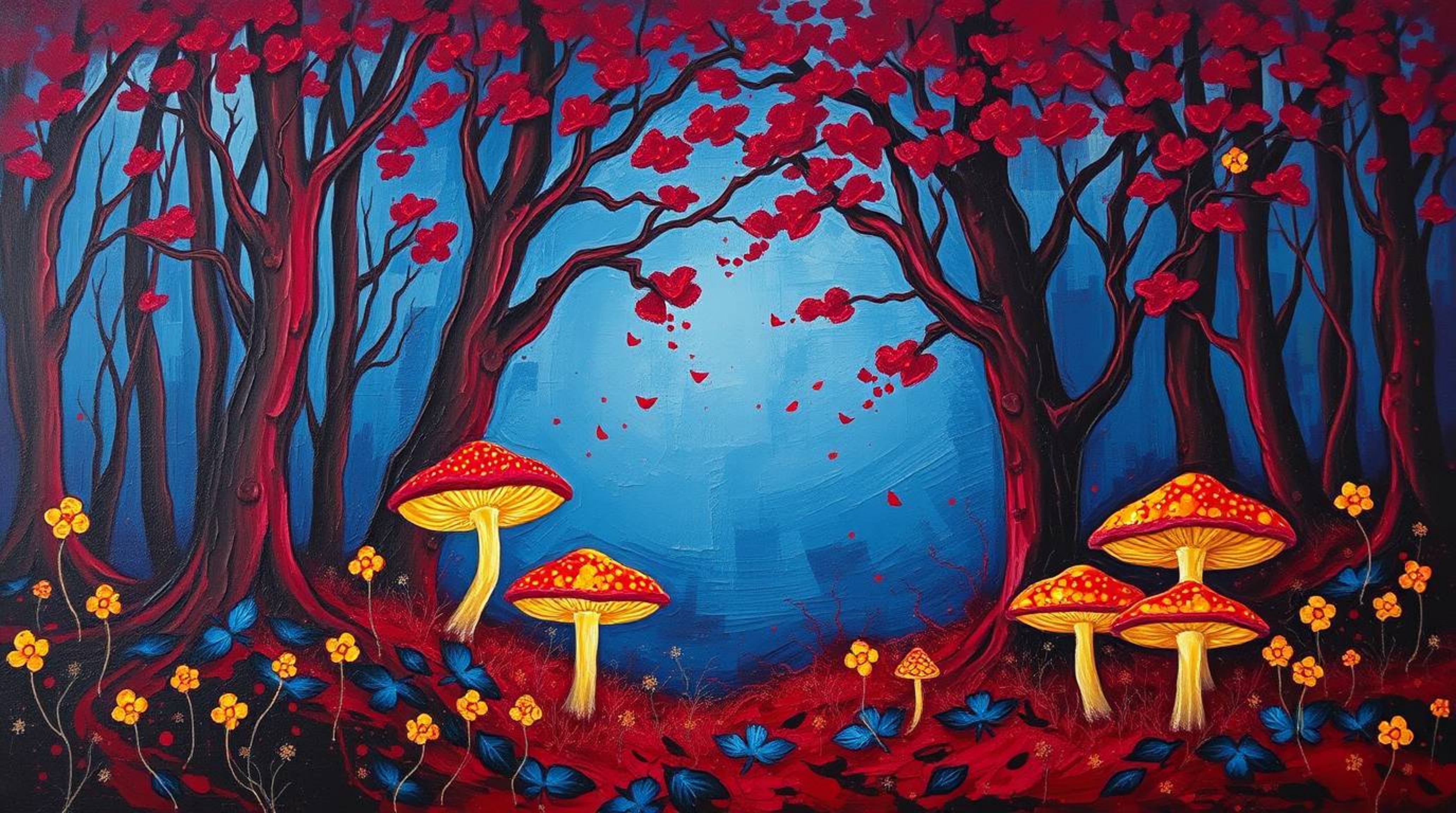 This bold acrylic painting showcases a rich burgundy and deep blue color palette, depicting a vintage-style enchanted forest.