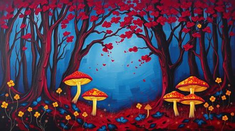 This bold acrylic painting showcases a rich burgundy and deep blue color palette, depicting a vintage-style enchanted forest.