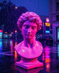 A classical sculpture is reimagined through digital corruption, featuring a vibrant glitch effect and set within a wet, rainy