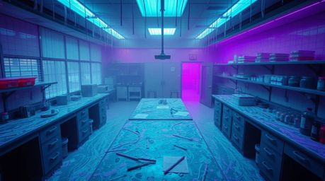 Immerse yourself in a unique perspective of a slime-covered science lab, rendered in deep ultraviolet hues and captured from 