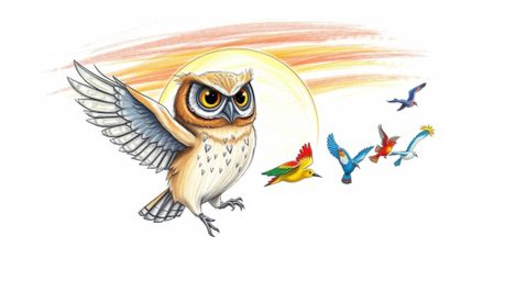 A heartwarming hand-drawn sketch in a Pixar-like style depicts a serene blind owl with light brown feathers leading a class o