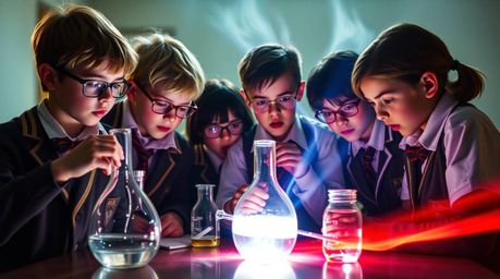 A captivating cinematic image showcases a group of unique children in school uniforms conducting science experiments.  The sc