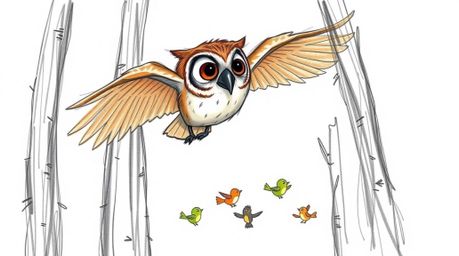 A heartwarming hand-drawn sketch in the Pixar style depicts a wise, blind owl gracefully gliding between trees, guiding a flo