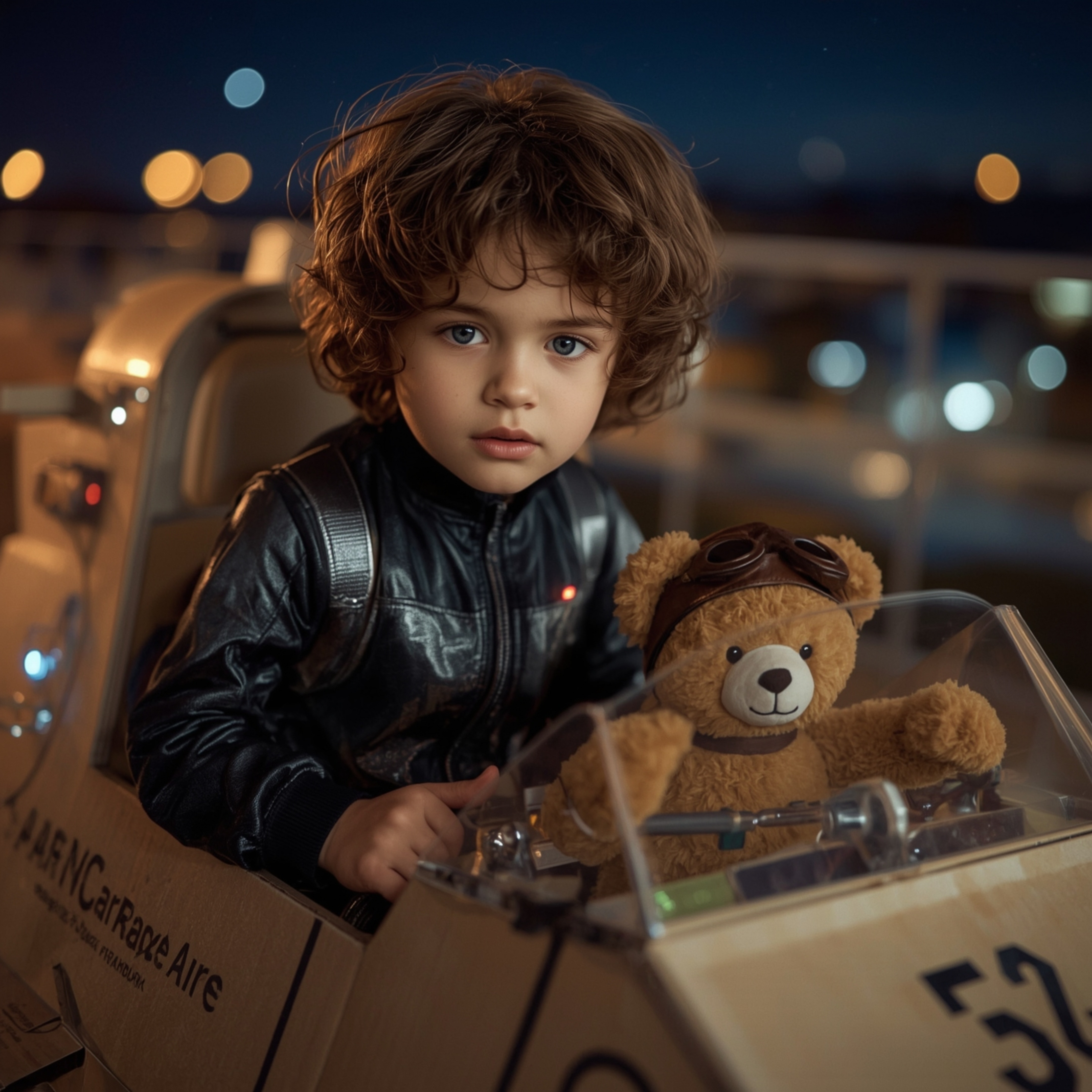 A breathtaking high-fashion photoshoot captures a young boy with striking blue eyes and curly brown hair, clad in a sleek bla