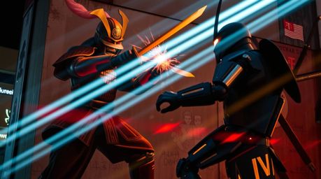 A captivating candid shot captures a vibrant street art installation depicting a samurai's intense battle against a robot.  T